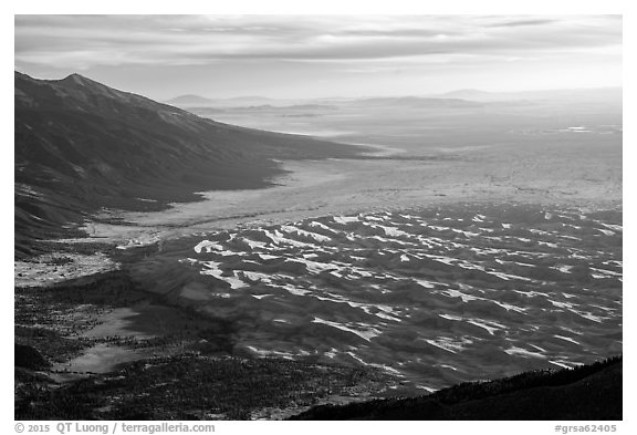 The 750 feet dunes look small from  alpine summit of 13,297 feet Mt. Herard. Great Sand Dunes National Park and Preserve (black and white)