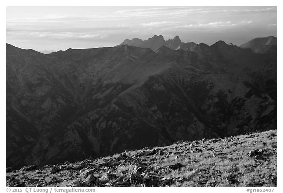 Sangre de Cristo Mountains seen from alpine summit of Mt. Herard. Great Sand Dunes National Park and Preserve (black and white)