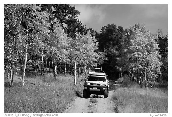 4WD vehicle on Medano primitive road in autumn. Great Sand Dunes National Park and Preserve (black and white)
