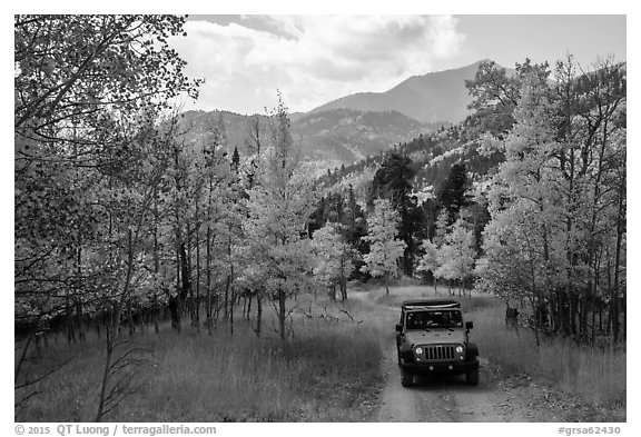 Jeep on Medano primitive road near Medano Pass in autumn. Great Sand Dunes National Park and Preserve (black and white)