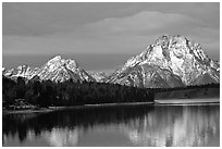Mt Moran in early winter, reflected in Oxbow bend. Grand Teton National Park, Wyoming, USA. (black and white)