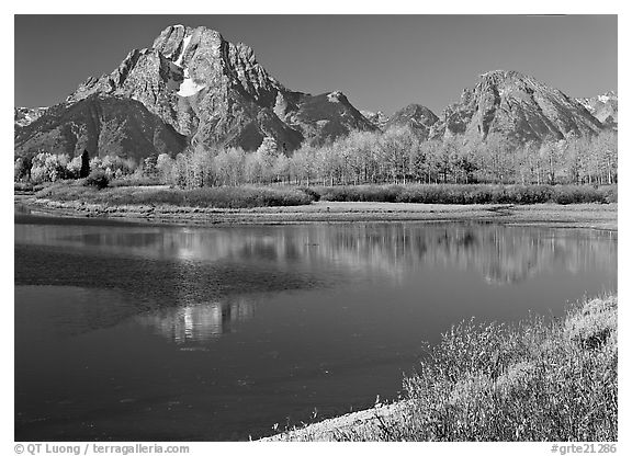 Mt Moran reflected in Oxbow bend in autumn. Grand Teton National Park (black and white)