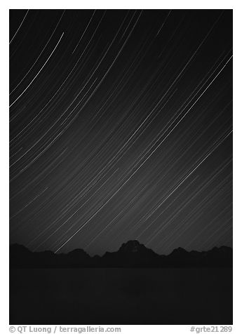 Star trails and Teton range. Grand Teton National Park (black and white)