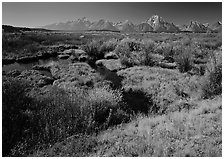 Wetlands and Teton range in autumn. Grand Teton National Park, Wyoming, USA. (black and white)