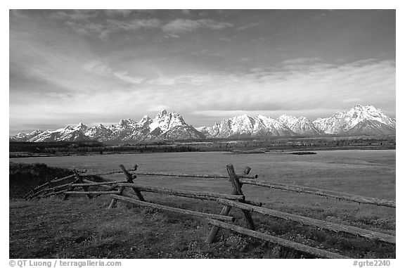 Fence, meadow, and Teton Range. Grand Teton National Park (black and white)