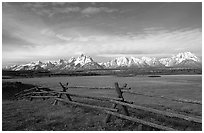 Fence, meadow, and Teton Range. Grand Teton National Park ( black and white)