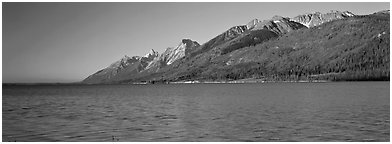 Lake and mountain range. Grand Teton National Park (Panoramic black and white)