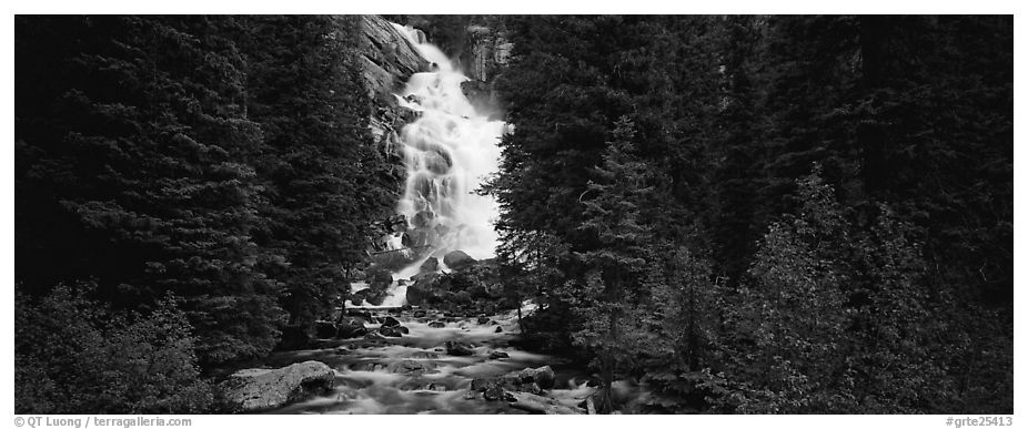 Waterfall flowing in dark forest. Grand Teton National Park (black and white)