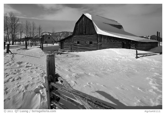 Historic Mormon Row homestead in winter. Grand Teton National Park (black and white)