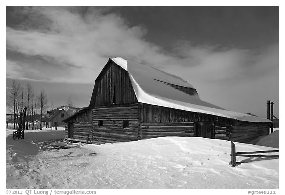 John and Bartha Moulton homestead in winter. Grand Teton National Park (black and white)