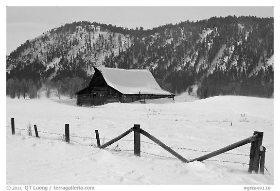 Fence and historic Moulton Barn in winter. Grand Teton National Park (black and white)