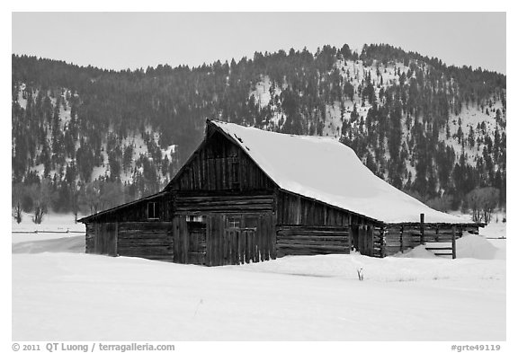 Thomas Alma and Lucille Moulton Homestead, winter. Grand Teton National Park (black and white)