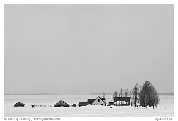 Mormon row homesteads and Jackson Hole in winter. Grand Teton National Park (black and white)