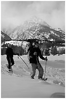Couple snowshowing with baby. Grand Teton National Park ( black and white)