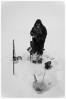 Man catching fish through hole in Jackson Lake ice. Grand Teton National Park ( black and white)