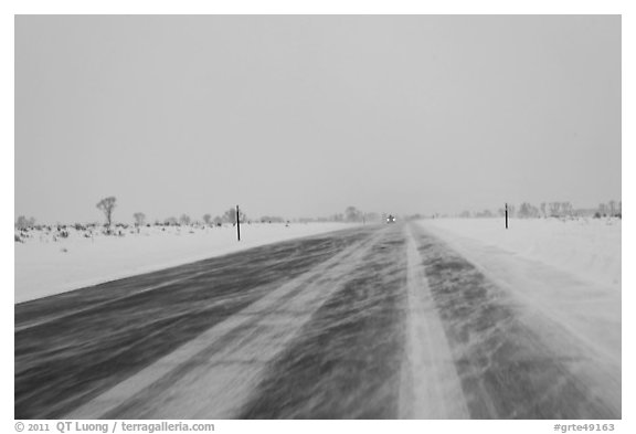 Road with snowdrift in winter. Grand Teton National Park (black and white)