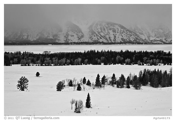 Snake River plain and Teton Range foothills in winter. Grand Teton National Park (black and white)