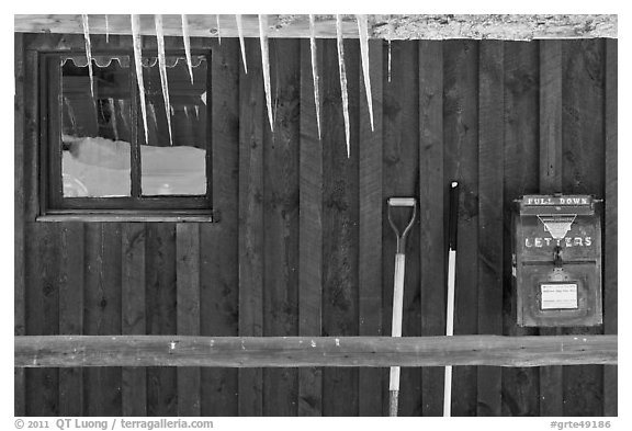 Icicles and mail box, Kelly. Grand Teton National Park (black and white)