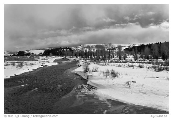Gros Ventre River in winter. Grand Teton National Park (black and white)