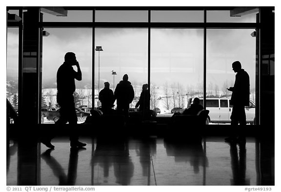 Looking out Jackson Hole Airport lobby. Grand Teton National Park (black and white)
