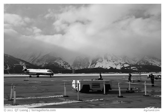 Jackson Hole Airport and cloud-capped Teton Range. Grand Teton National Park (black and white)