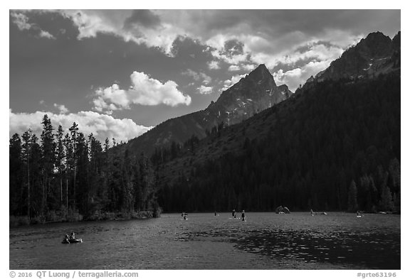 Water recreation, String Lake. Grand Teton National Park (black and white)
