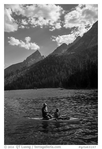 Family kayaking, String Lake. Grand Teton National Park (black and white)