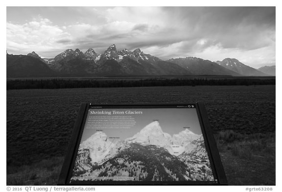 Shrinking Teton Glaciers interpretive sign. Grand Teton National Park (black and white)