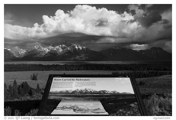 Stairs carved by meltwaters interpretive sign. Grand Teton National Park (black and white)