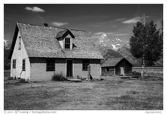 Pioneer buildings, Mormon Row. Grand Teton National Park (black and white)