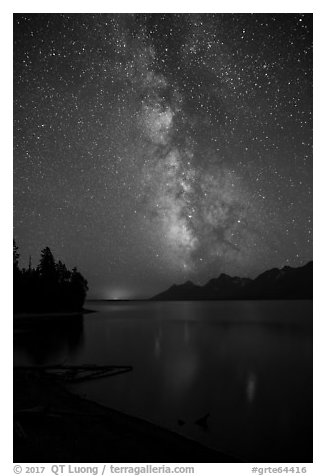 Milky Way and Teton Range from Jackson Lake at night. Grand Teton National Park (black and white)