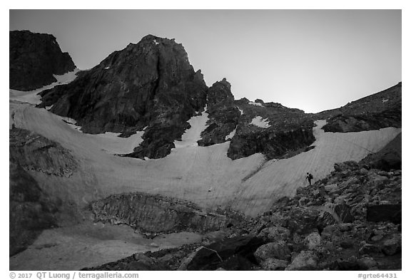 Mountaineer, Middle Teton and glacier. Grand Teton National Park (black and white)