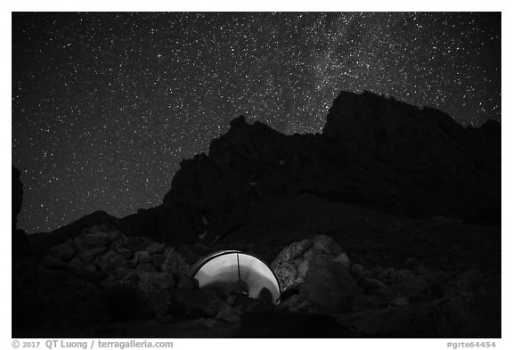 Camp at Lower Saddle and Grand Teton at night. Grand Teton National Park (black and white)