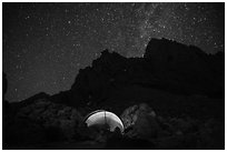Camp at Lower Saddle and Grand Teton at night. Grand Teton National Park ( black and white)