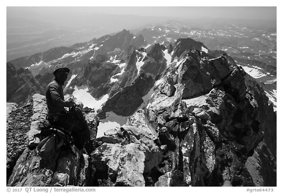 Climber handling rope on Upper Exum Ridge, Grand Teton. Grand Teton National Park (black and white)