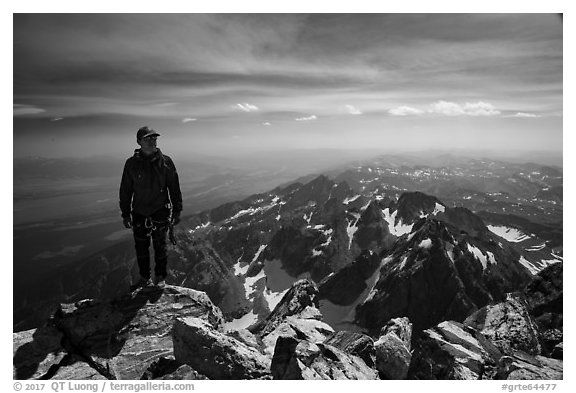 Climber standing on summit of Grand Teton. Grand Teton National Park (black and white)
