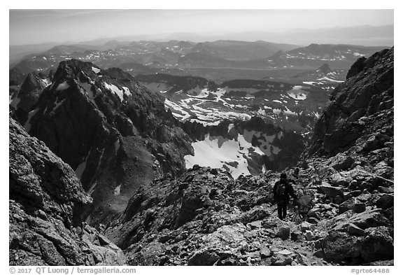 Mountaineer descending Grand Teton. Grand Teton National Park (black and white)