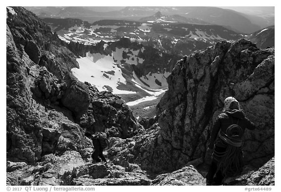 Climbers descend Grand Teton. Grand Teton National Park (black and white)
