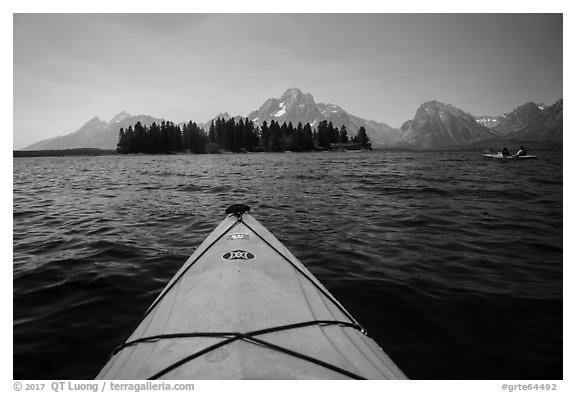 Kayak pointing at island in Colter Bay. Grand Teton National Park (black and white)