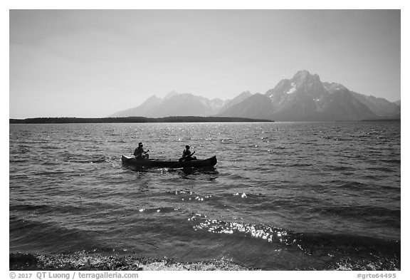 Canoists, Colter Bay and Mt Moran. Grand Teton National Park (black and white)