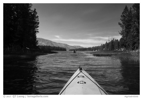 Kayak pointing at narrow channel, Colter Bay. Grand Teton National Park (black and white)