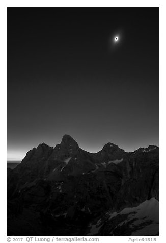 Tetons with eclipsed sun. Grand Teton National Park (black and white)