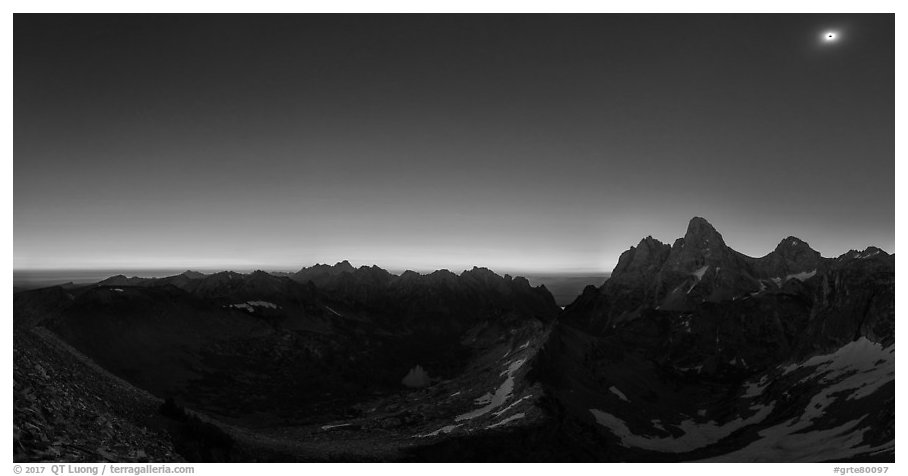 Omnidirectional horizon glow and eclipsed sun over the Tetons. Grand Teton National Park (black and white)