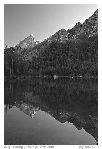 Leigh Lake with Tetons reflected, sunset. Grand Teton National Park (black and white)