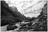 Cascade Creek flows in Cascade Canyon. Grand Teton National Park, Wyoming, USA. (black and white)