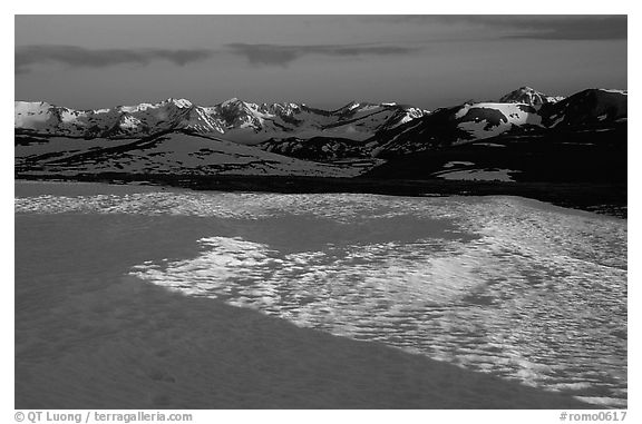 Neve and Never Summer range in early summer at sunset. Rocky Mountain National Park (black and white)