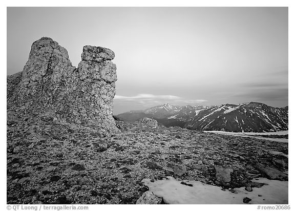Rock near Toll Memorial at dusk. Rocky Mountain National Park (black and white)