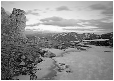 Rock tower and neve at sunset, Toll Memorial. Rocky Mountain National Park ( black and white)