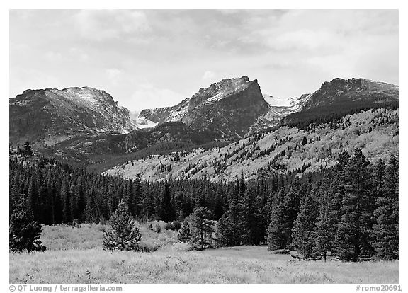 Hallett Peak and Flattop Mountain in fall. Rocky Mountain National Park (black and white)