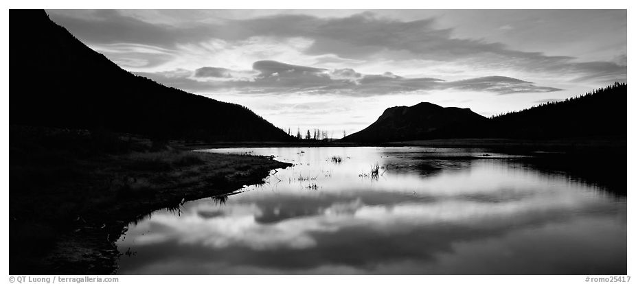 Cloud reflected in pond at sunrise. Rocky Mountain National Park (black and white)